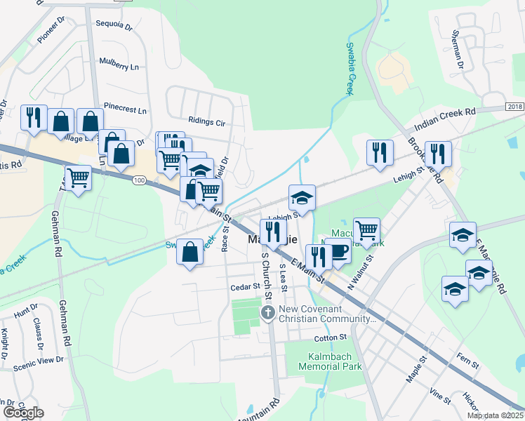map of restaurants, bars, coffee shops, grocery stores, and more near 101 North Church Street in Macungie