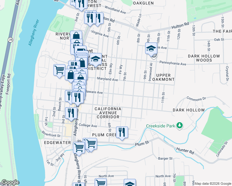 map of restaurants, bars, coffee shops, grocery stores, and more near 605 Delaware Avenue in Oakmont