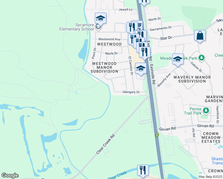 map of restaurants, bars, coffee shops, grocery stores, and more near 6716 Ferndale Drive in Redding