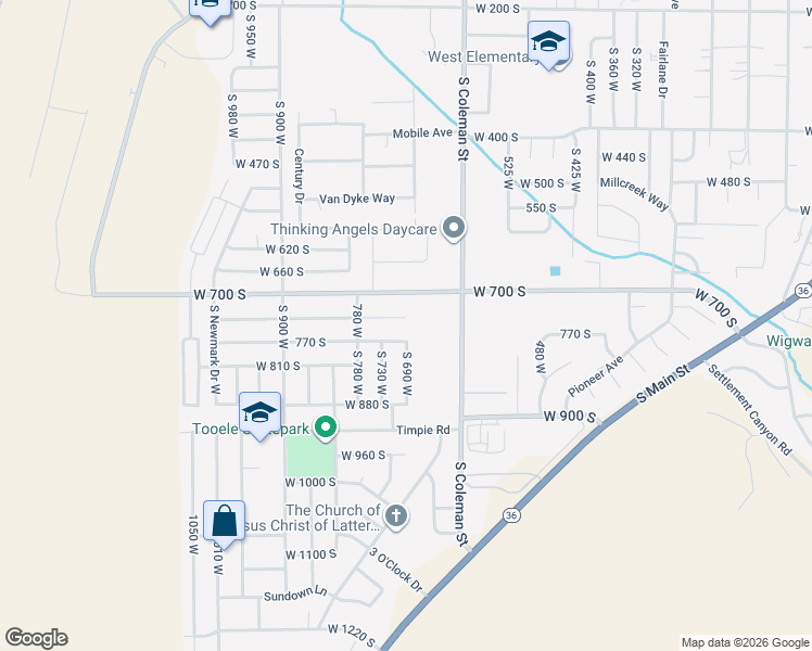 map of restaurants, bars, coffee shops, grocery stores, and more near 697 740 South in Tooele