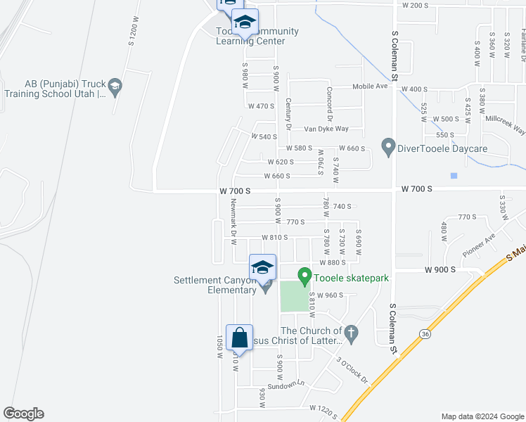 map of restaurants, bars, coffee shops, grocery stores, and more near 939 740 South in Tooele
