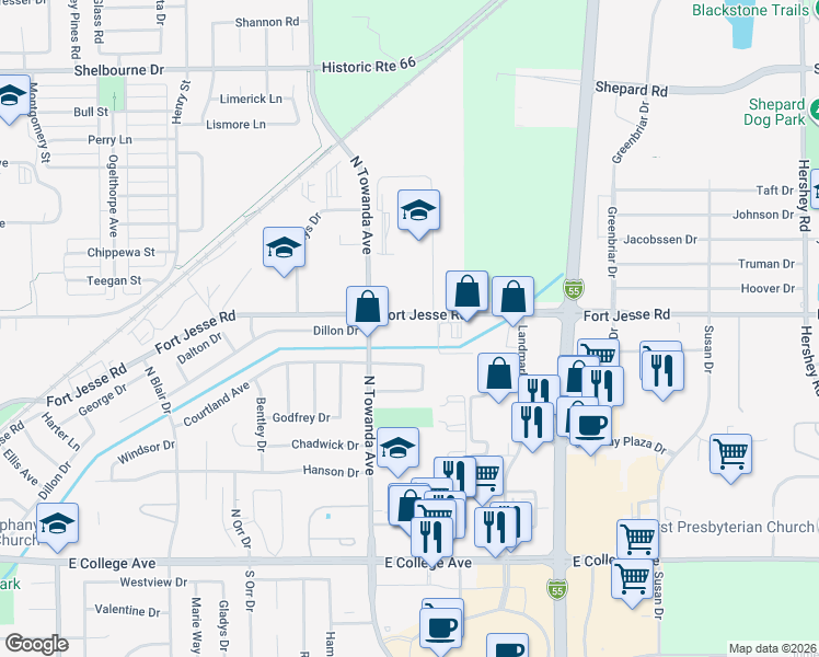 map of restaurants, bars, coffee shops, grocery stores, and more near 1508 Fort Jesse Rd in Normal