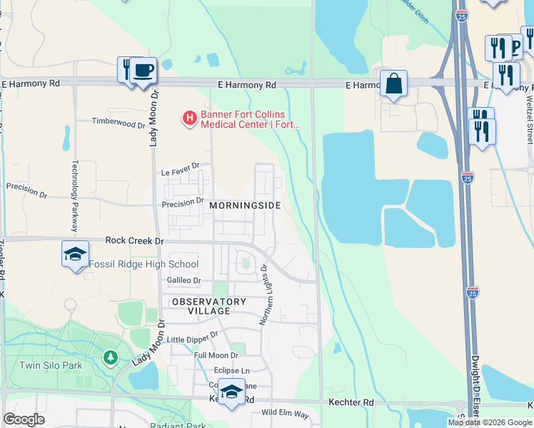 map of restaurants, bars, coffee shops, grocery stores, and more near 3902 Precision Drive in Fort Collins