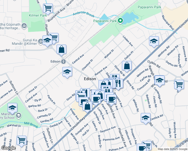 map of restaurants, bars, coffee shops, grocery stores, and more near 154 Hillcrest Avenue in Edison
