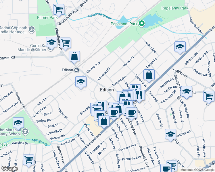 map of restaurants, bars, coffee shops, grocery stores, and more near 154 Hillcrest Avenue in Edison