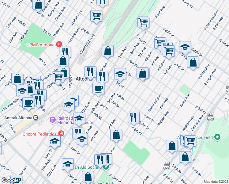map of restaurants, bars, coffee shops, grocery stores, and more near 502-04 5th Avenue in Altoona