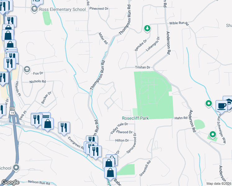 map of restaurants, bars, coffee shops, grocery stores, and more near 116 Woodbridge Drive in Pittsburgh