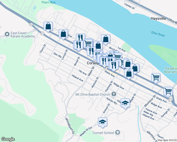 map of restaurants, bars, coffee shops, grocery stores, and more near 855 6th Avenue in Coraopolis