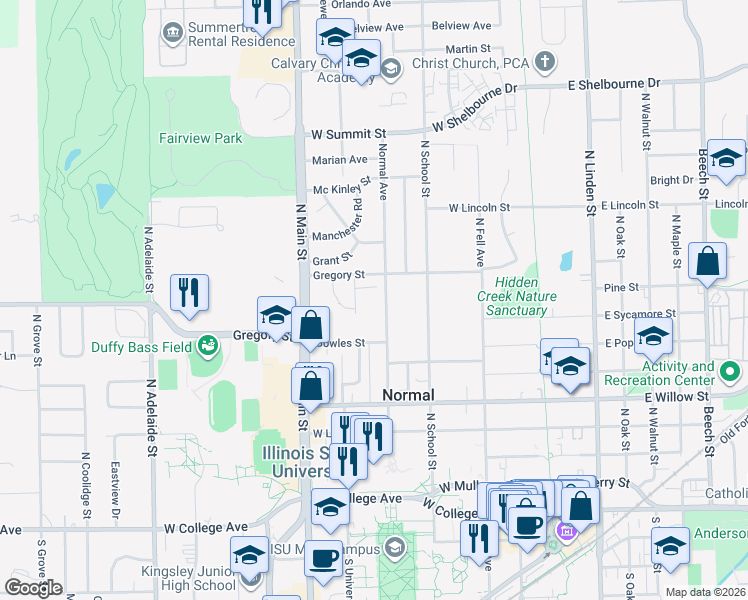 map of restaurants, bars, coffee shops, grocery stores, and more near 621 Normal Avenue in Normal