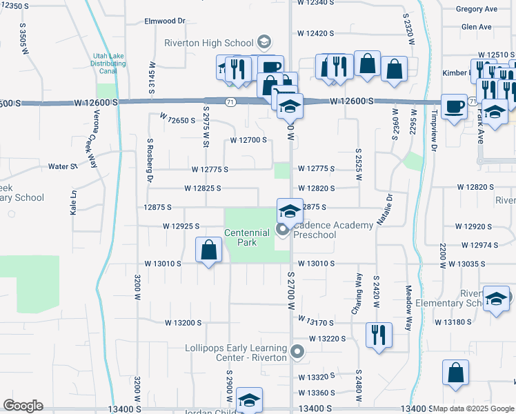 map of restaurants, bars, coffee shops, grocery stores, and more near 12875 South in Riverton