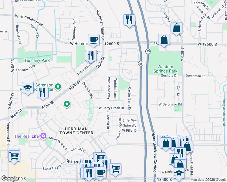 map of restaurants, bars, coffee shops, grocery stores, and more near 12884 Tortoise Lane in Riverton