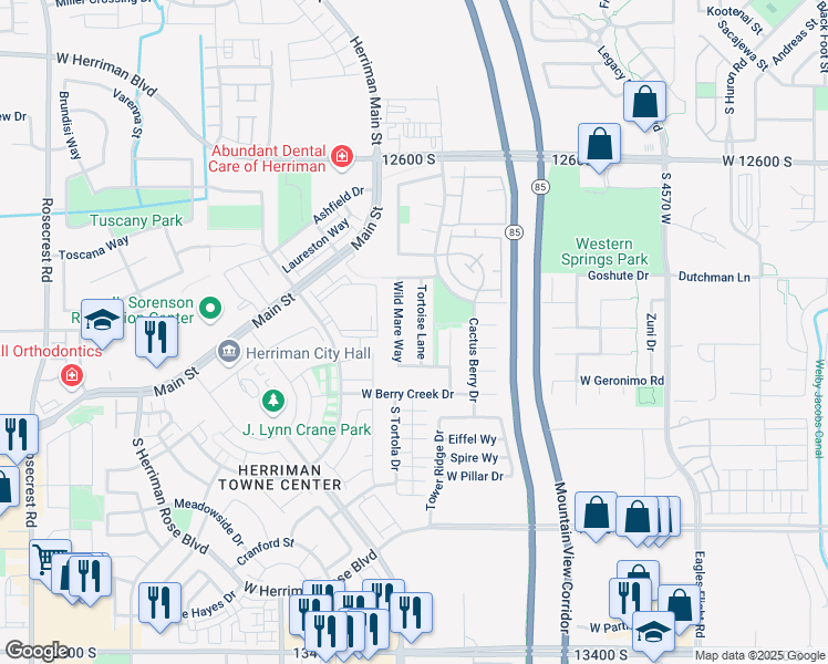 map of restaurants, bars, coffee shops, grocery stores, and more near 12884 Tortoise Lane in Riverton