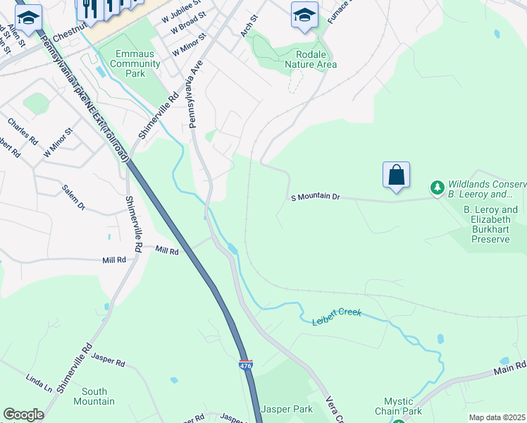 map of restaurants, bars, coffee shops, grocery stores, and more near 4502 South Mountain Drive in Emmaus
