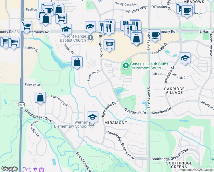 map of restaurants, bars, coffee shops, grocery stores, and more near 718 Meadow Run Drive in Fort Collins