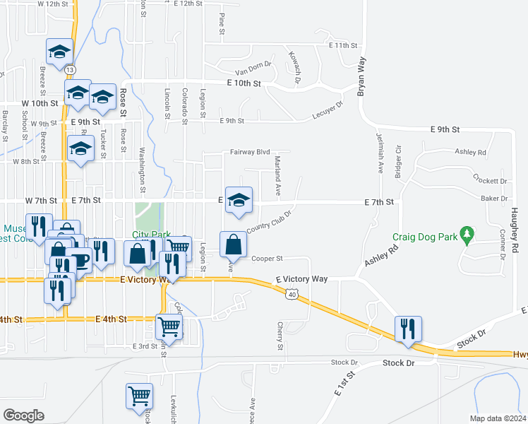 map of restaurants, bars, coffee shops, grocery stores, and more near 1008 East 7th Street in Craig