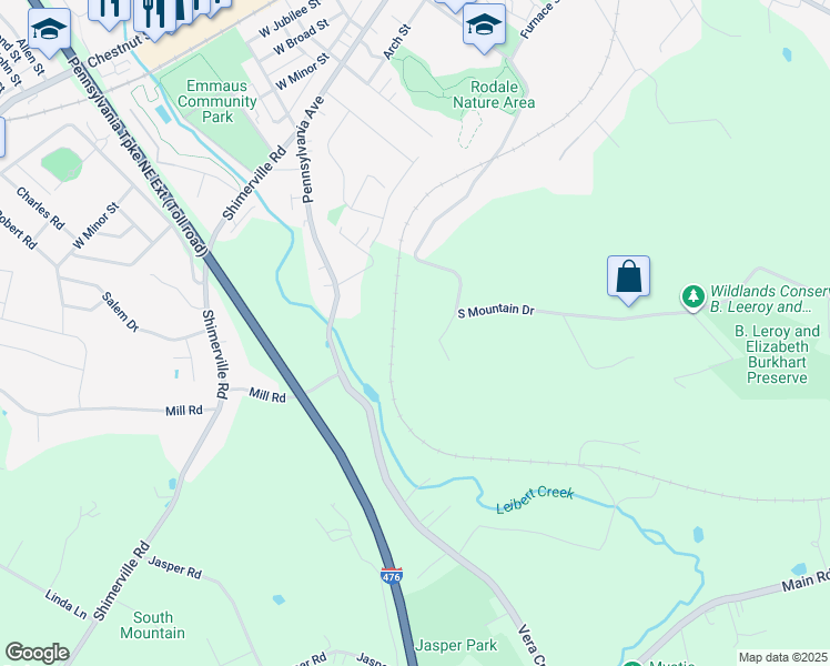 map of restaurants, bars, coffee shops, grocery stores, and more near 4502 South Mountain Drive in Emmaus