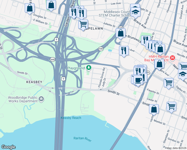 map of restaurants, bars, coffee shops, grocery stores, and more near 52 Highland Avenue in Woodbridge Township