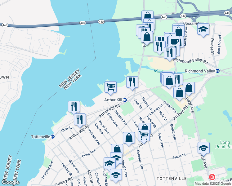 map of restaurants, bars, coffee shops, grocery stores, and more near 101M Ellis Street in Staten Island