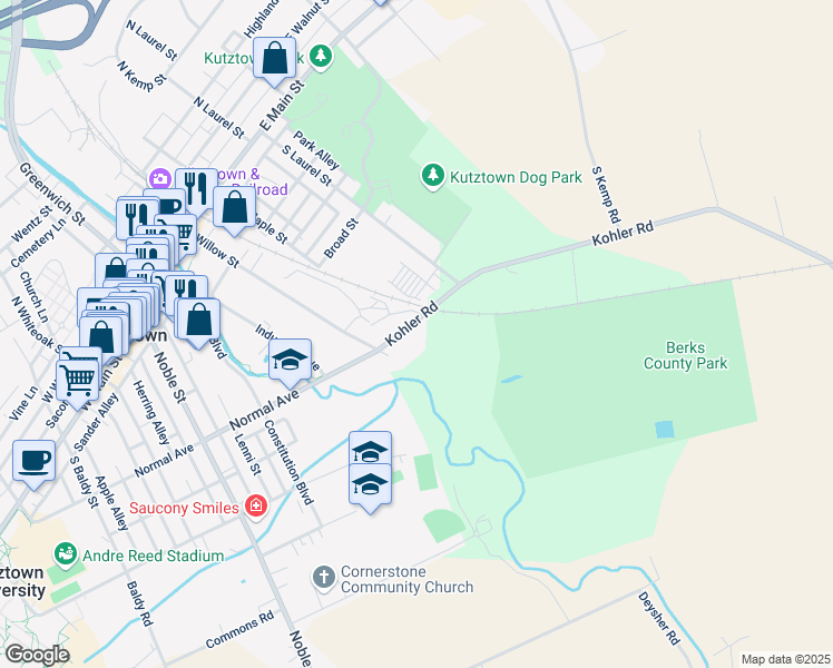 map of restaurants, bars, coffee shops, grocery stores, and more near 10 Kohler Road in Kutztown