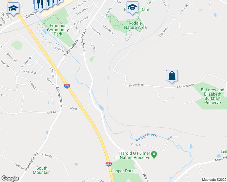 map of restaurants, bars, coffee shops, grocery stores, and more near 4502 South Mountain Drive in Emmaus