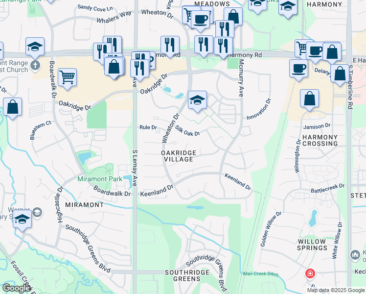 map of restaurants, bars, coffee shops, grocery stores, and more near 1325 Silk Oak Drive in Fort Collins