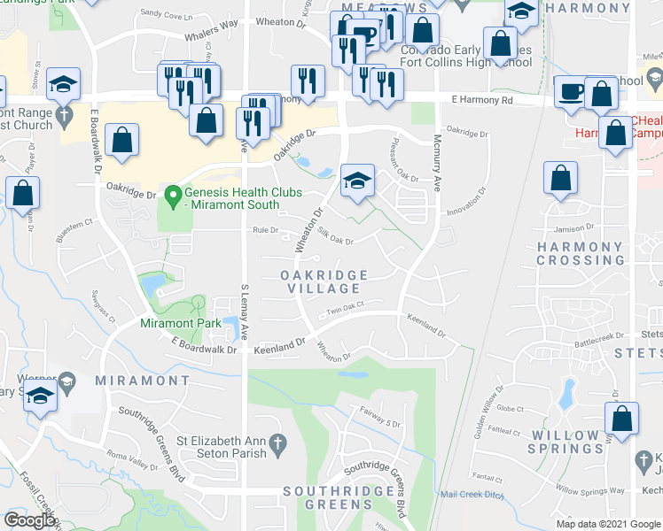 map of restaurants, bars, coffee shops, grocery stores, and more near 1325 Silk Oak Drive in Fort Collins