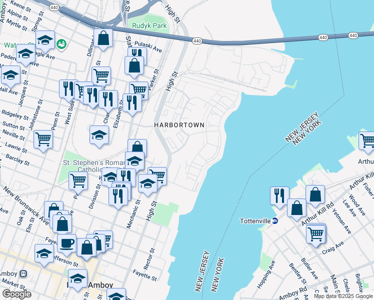 map of restaurants, bars, coffee shops, grocery stores, and more near 594 Great Beds Court in Perth Amboy