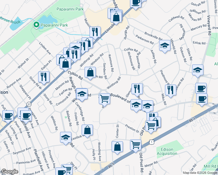 map of restaurants, bars, coffee shops, grocery stores, and more near 34 Sanders Road in Edison
