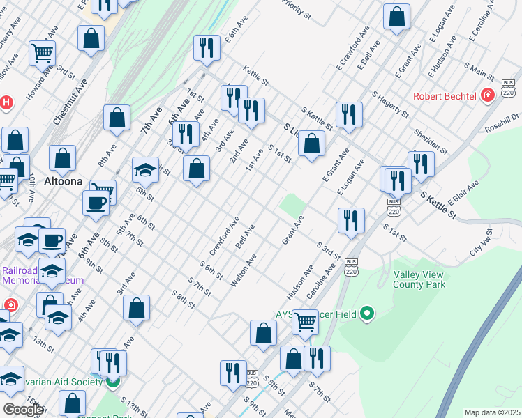 map of restaurants, bars, coffee shops, grocery stores, and more near 224-26 Bell Avenue in Altoona