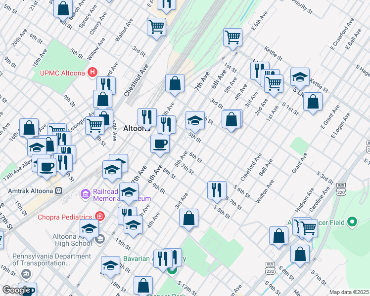 map of restaurants, bars, coffee shops, grocery stores, and more near 502-04 5th Avenue in Altoona