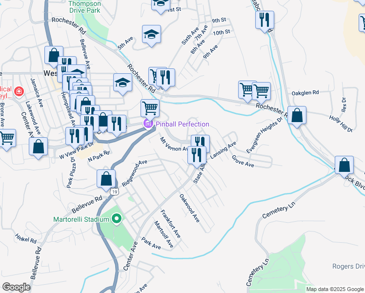 map of restaurants, bars, coffee shops, grocery stores, and more near 400 Center Avenue in West View