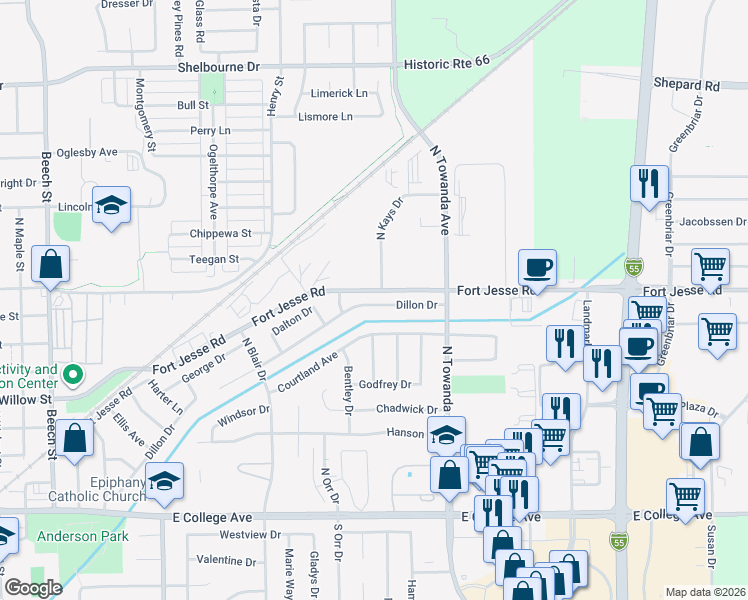 map of restaurants, bars, coffee shops, grocery stores, and more near 1420 Fort Jesse Road in Normal