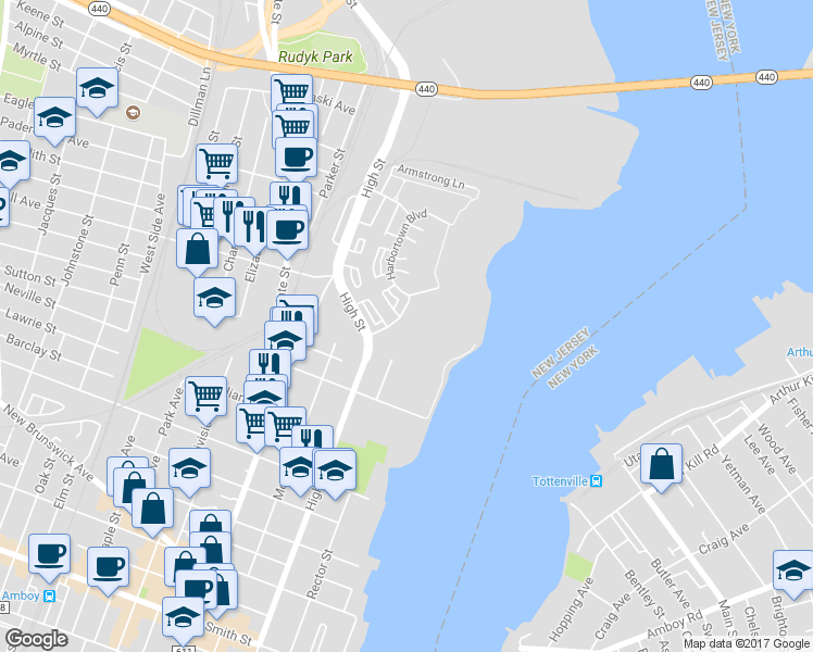 map of restaurants, bars, coffee shops, grocery stores, and more near 502 Great Beds Court in Perth Amboy