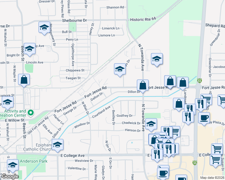 map of restaurants, bars, coffee shops, grocery stores, and more near 302 Waverly Drive in Normal