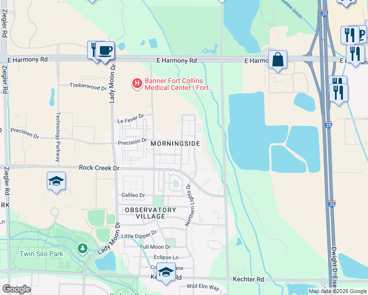 map of restaurants, bars, coffee shops, grocery stores, and more near 5014 Brookfield Drive in Fort Collins