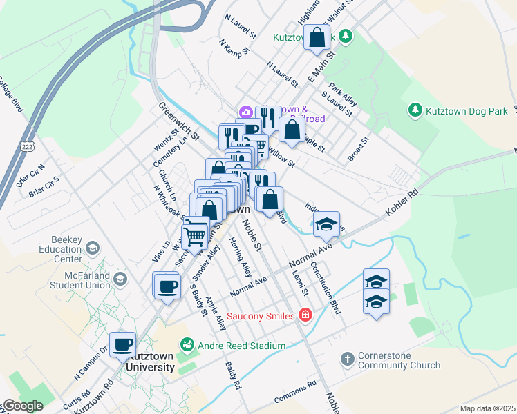 map of restaurants, bars, coffee shops, grocery stores, and more near 45 Constitution Boulevard in Kutztown