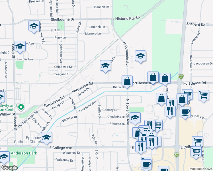 map of restaurants, bars, coffee shops, grocery stores, and more near 1420 Fort Jesse Road in Normal