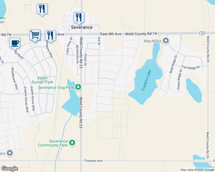 map of restaurants, bars, coffee shops, grocery stores, and more near 513 Buckrake Street in Severance
