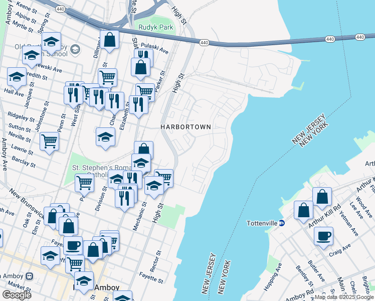 map of restaurants, bars, coffee shops, grocery stores, and more near Great Beds Court in Perth Amboy