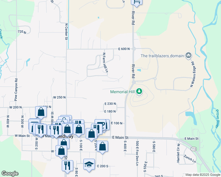 map of restaurants, bars, coffee shops, grocery stores, and more near 232 300 N in Midway