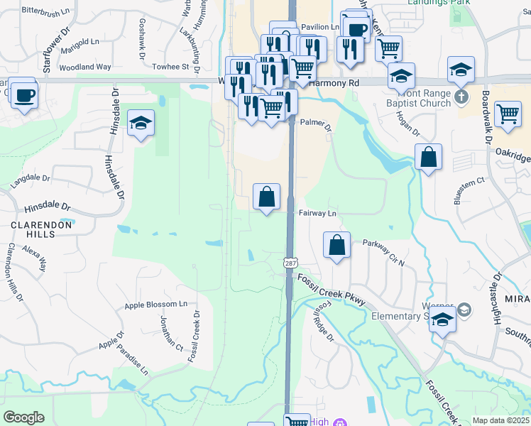 map of restaurants, bars, coffee shops, grocery stores, and more near 4921 South College Avenue in Fort Collins