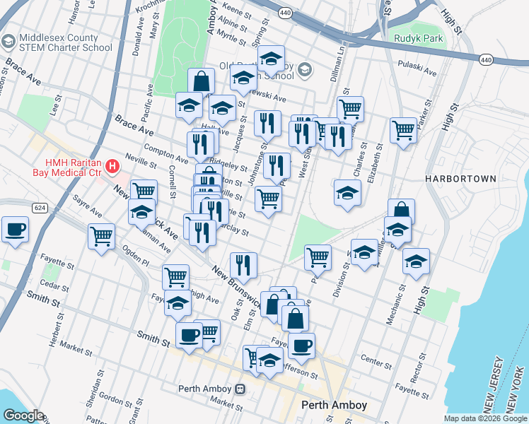 map of restaurants, bars, coffee shops, grocery stores, and more near 308 Neville Street in Perth Amboy