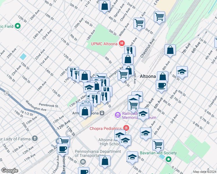map of restaurants, bars, coffee shops, grocery stores, and more near 1021 Lexington Avenue in Altoona