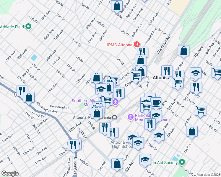 map of restaurants, bars, coffee shops, grocery stores, and more near 1117-19 14th Avenue in Altoona