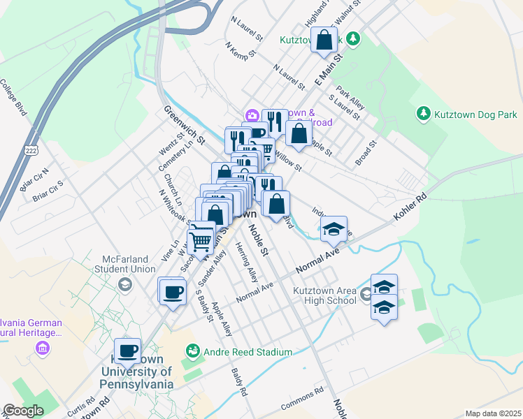 map of restaurants, bars, coffee shops, grocery stores, and more near 45 Constitution Boulevard in Kutztown