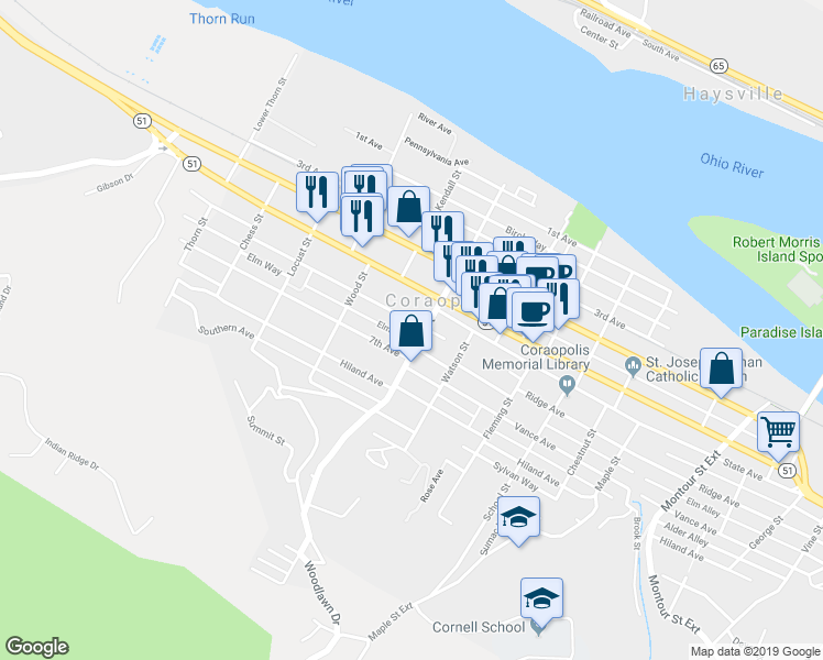 map of restaurants, bars, coffee shops, grocery stores, and more near 856 6th Avenue in Coraopolis
