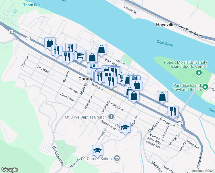 map of restaurants, bars, coffee shops, grocery stores, and more near 1001 5th Avenue in Coraopolis