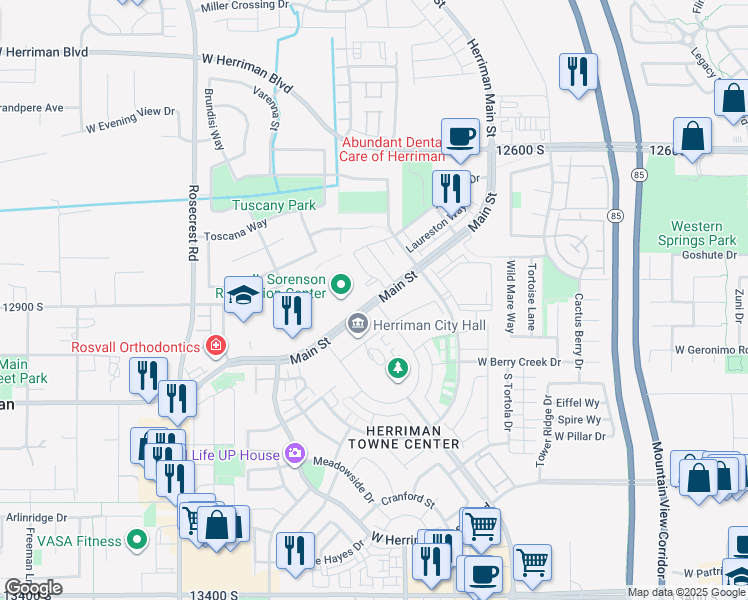 map of restaurants, bars, coffee shops, grocery stores, and more near South Fort Herriman Parkway in Herriman