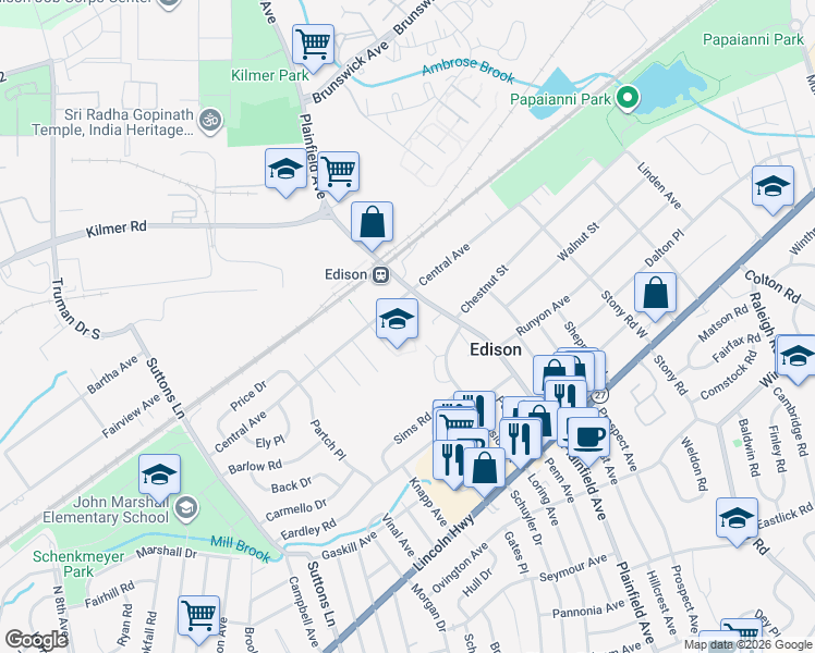 map of restaurants, bars, coffee shops, grocery stores, and more near 348 Plainfield Avenue in Edison