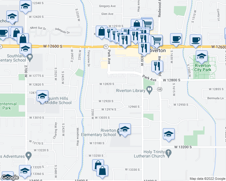 map of restaurants, bars, coffee shops, grocery stores, and more near 12833 Sugar Pine Circle in Riverton